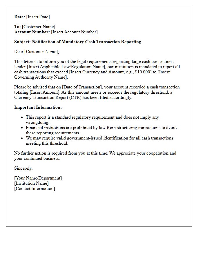 Mandatory Cash Threshold Reporting Alert Letter