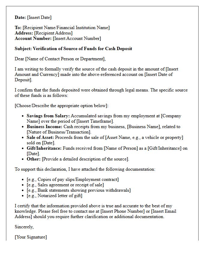 Source of Funds Verification Letter for Cash Deposits