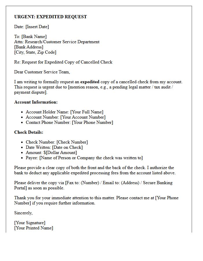 Urgent Expedited Cancelled Check Copy Request Letter