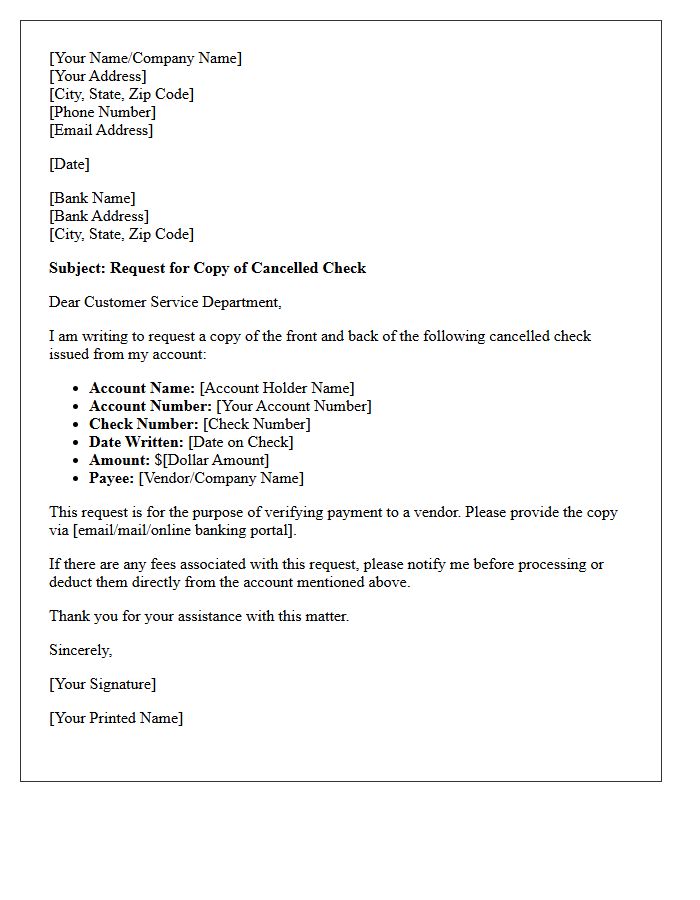Vendor Payment Cancelled Check Copy Request Letter
