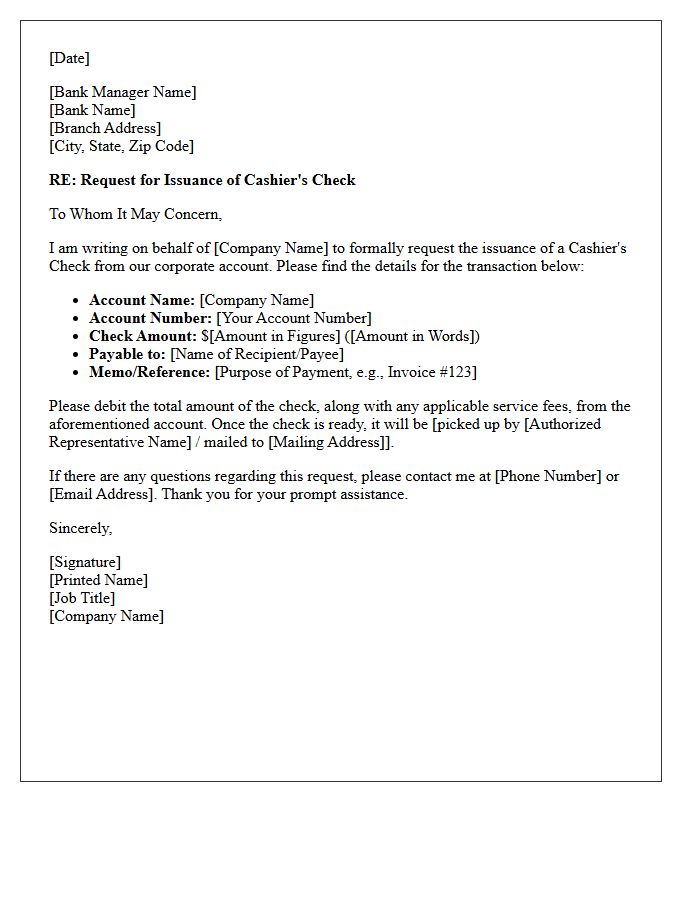 Corporate Account Cashier's Check Issuance Request Letter