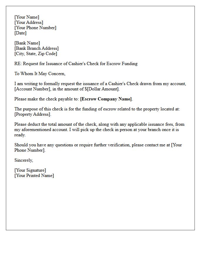 Escrow Funding Cashier's Check Issuance Request Letter