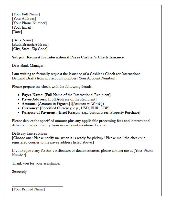 International Payee Cashier's Check Issuance Request Letter
