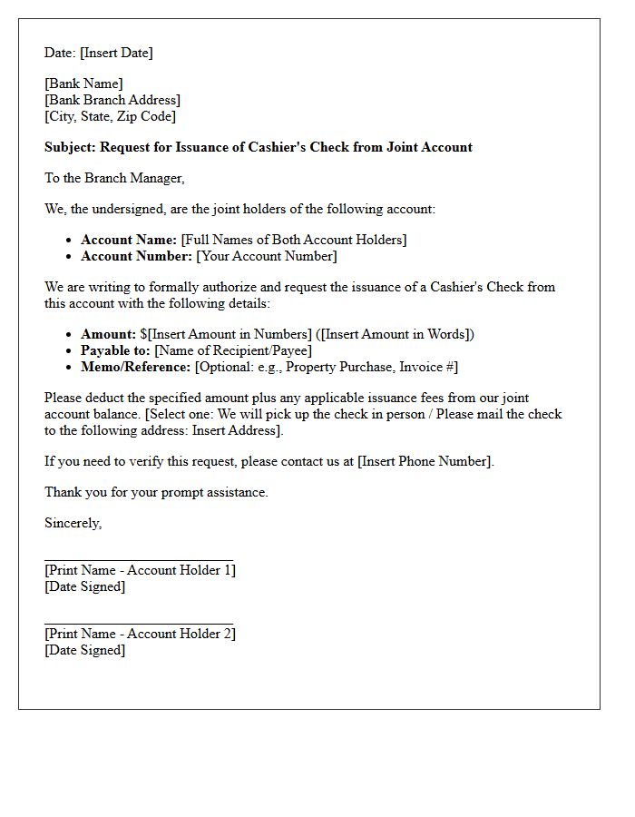 Joint Account Cashier's Check Issuance Request Letter
