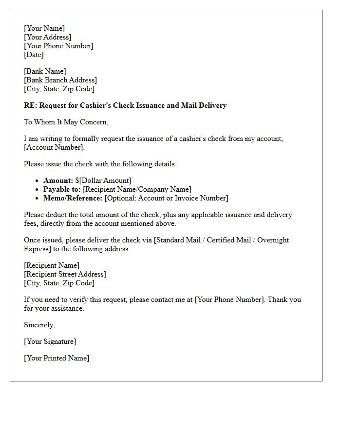 Mail Delivery Cashier's Check Issuance Request Letter