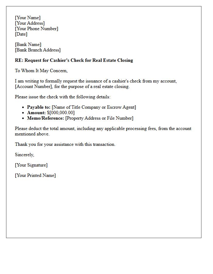 Real Estate Closing Cashier's Check Issuance Request Letter