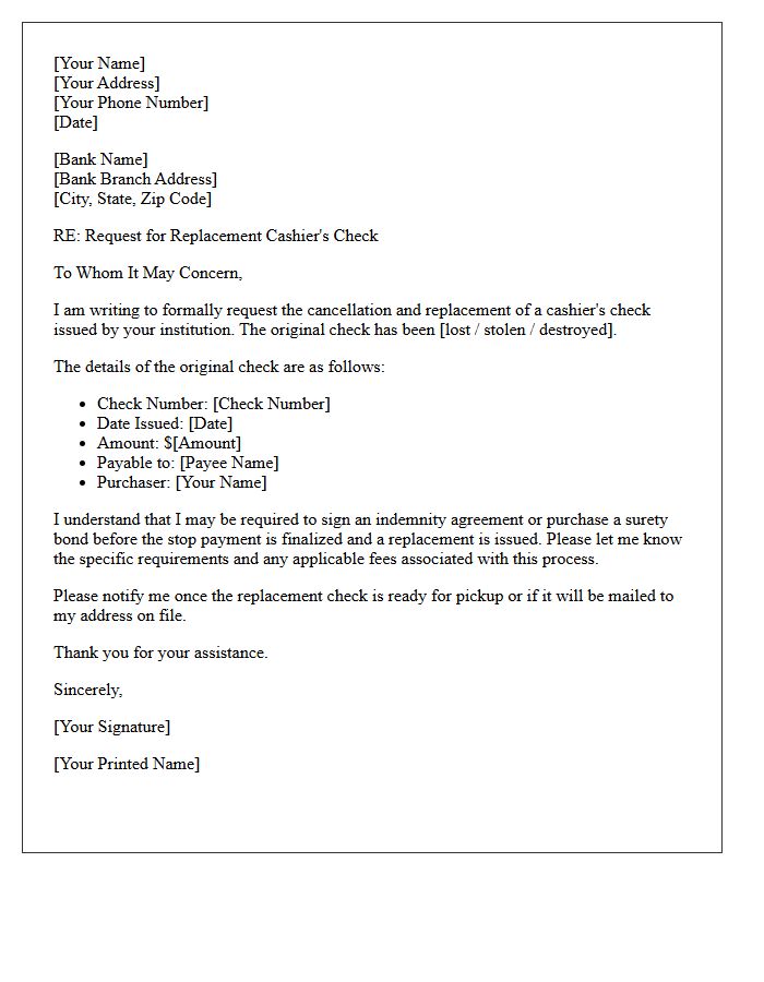 Replacement Cashier's Check Issuance Request Letter