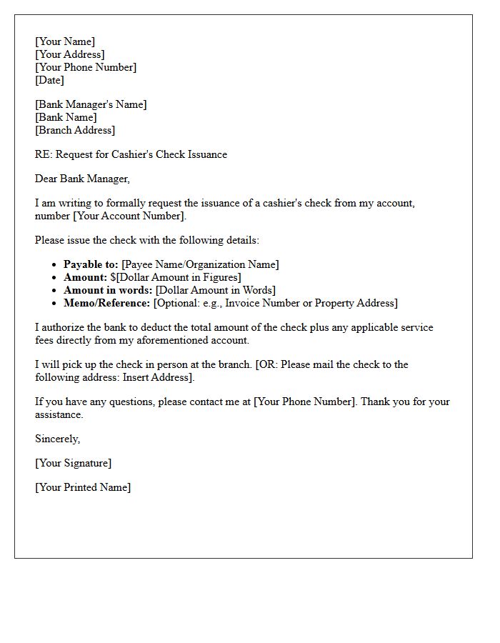 Standard Cashier's Check Issuance Request Letter