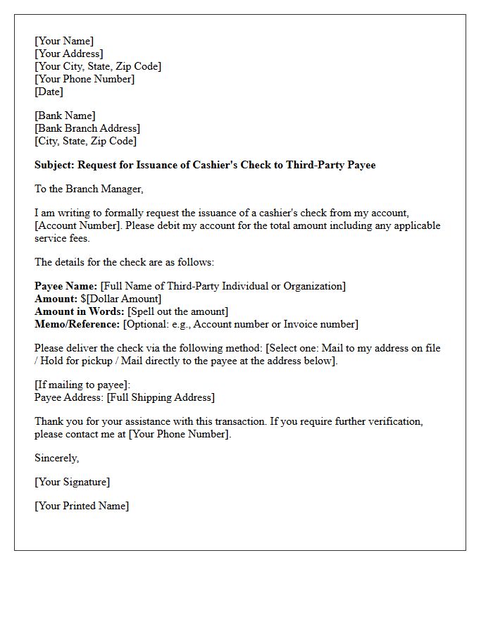 Third-Party Payee Cashier's Check Issuance Request Letter