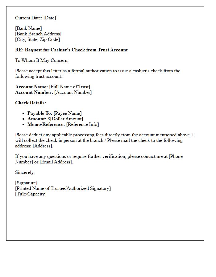 Trust Account Cashier's Check Issuance Request Letter