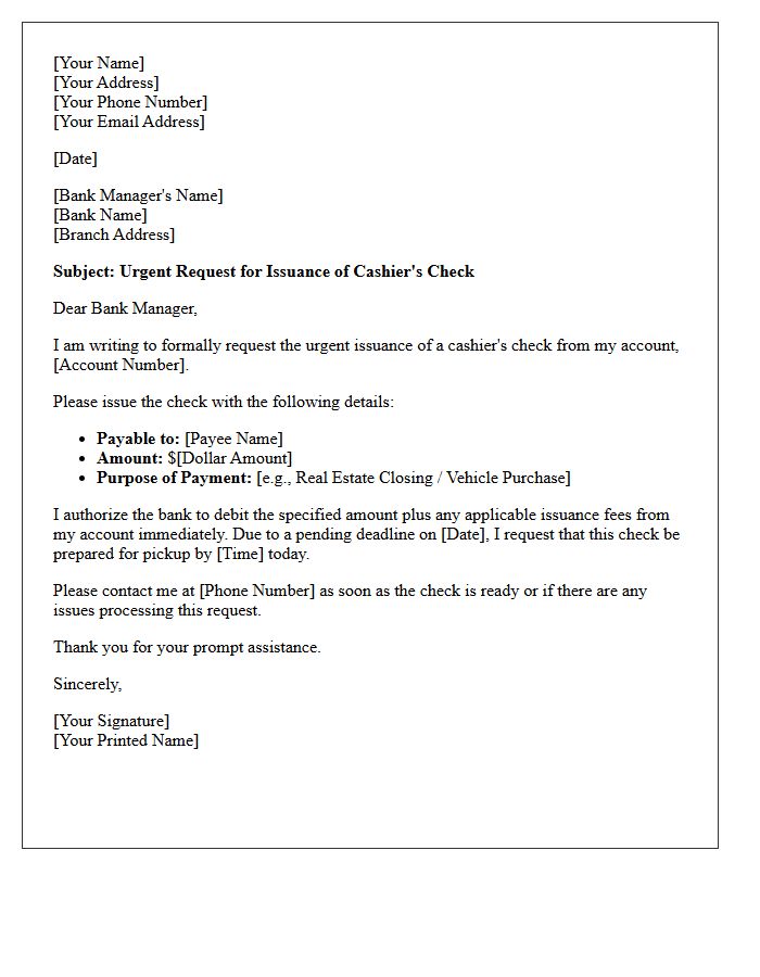 Urgent Cashier's Check Issuance Request Letter