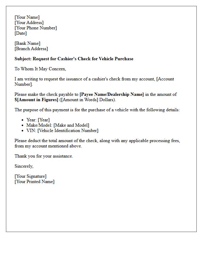 Vehicle Purchase Cashier's Check Issuance Request Letter
