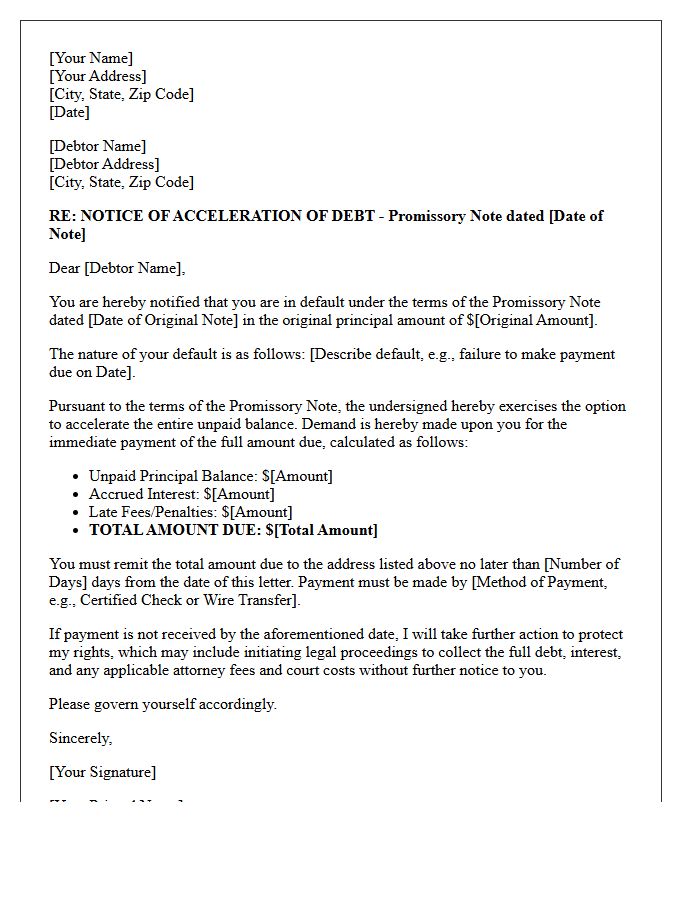 Acceleration of Debt Promissory Note Payment Demand Letter