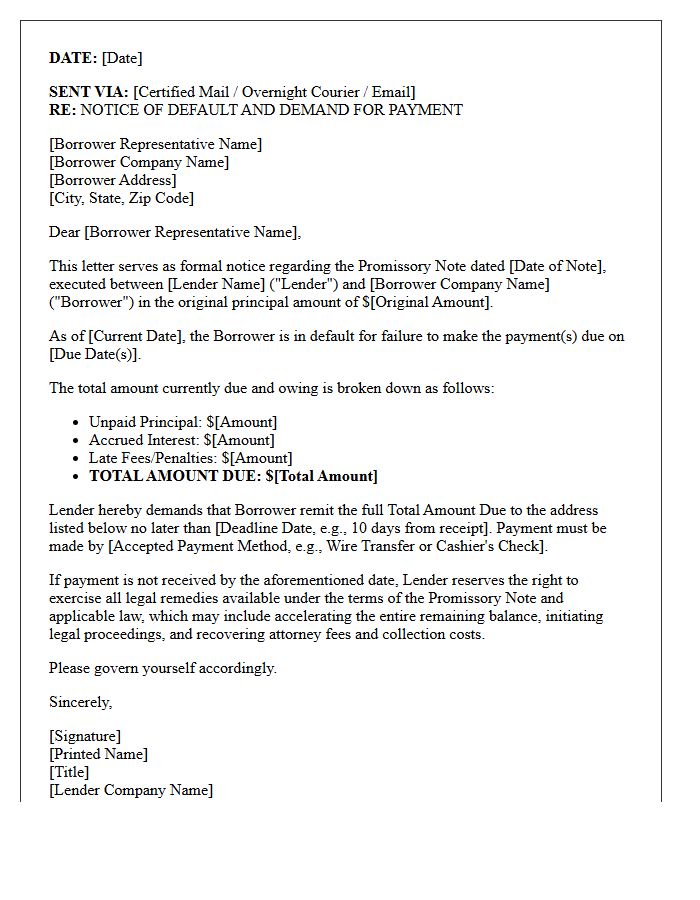 Corporate Borrower Promissory Note Payment Demand Letter
