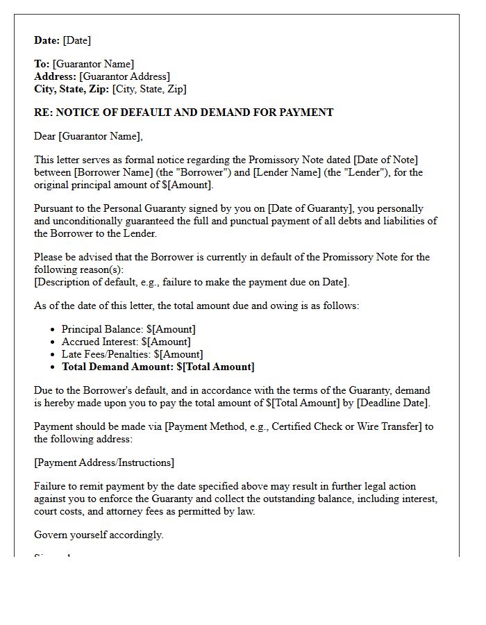 Guarantor Liability Promissory Note Payment Demand Letter