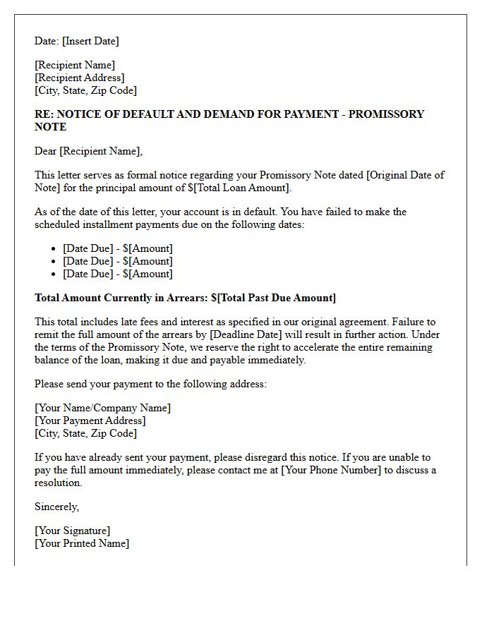 Installment Arrears Promissory Note Payment Demand Letter
