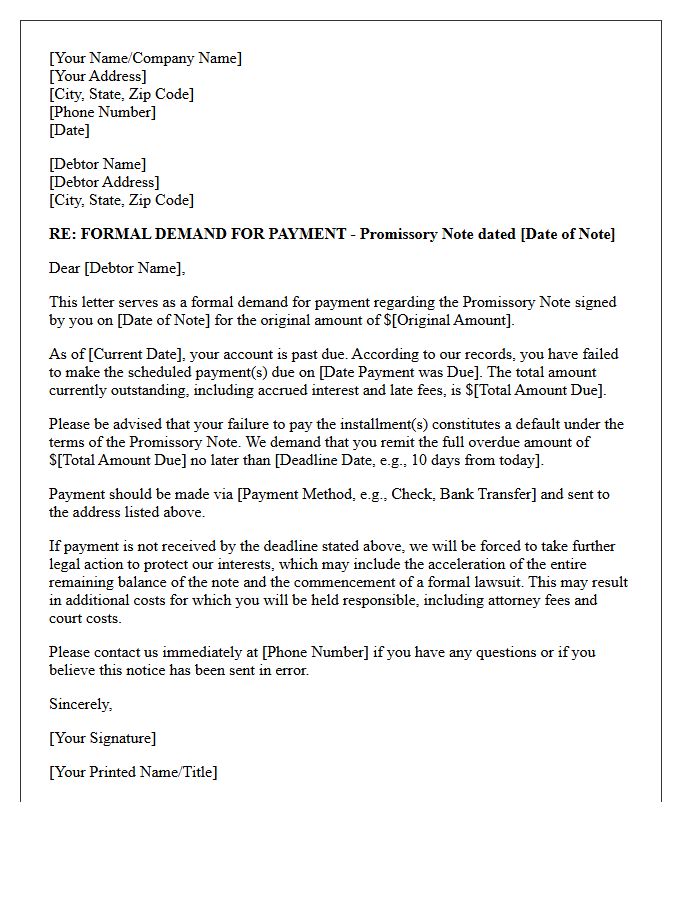 Overdue Account Promissory Note Payment Demand Letter