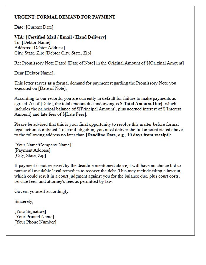 Pre-Litigation Promissory Note Payment Demand Letter