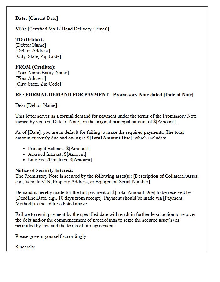 Secured Asset Promissory Note Payment Demand Letter