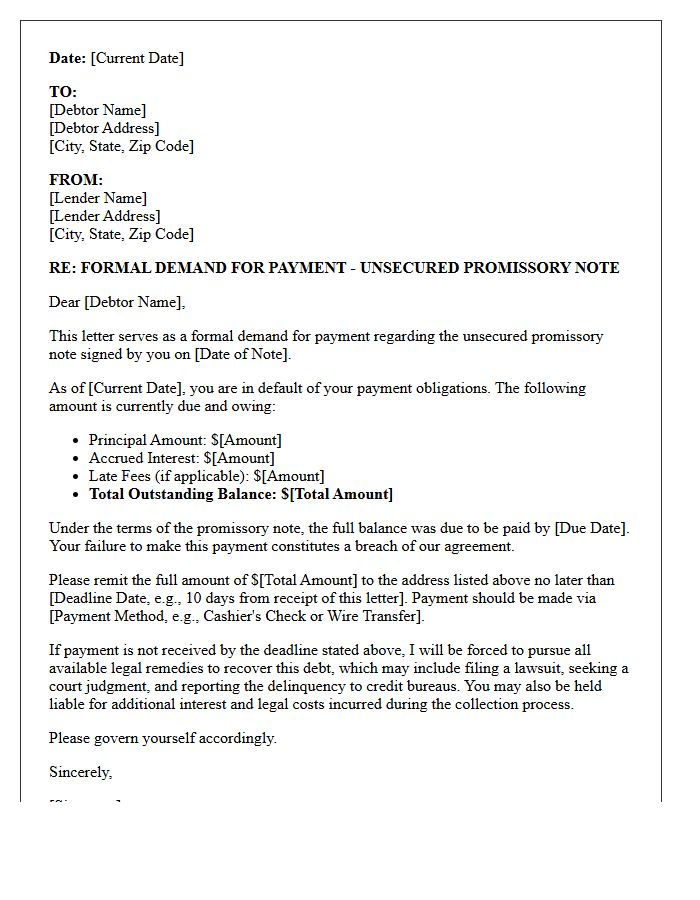Unsecured Credit Promissory Note Payment Demand Letter