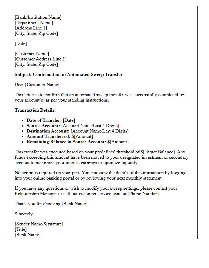 Automated Sweep Account Transfer Confirmation Letter