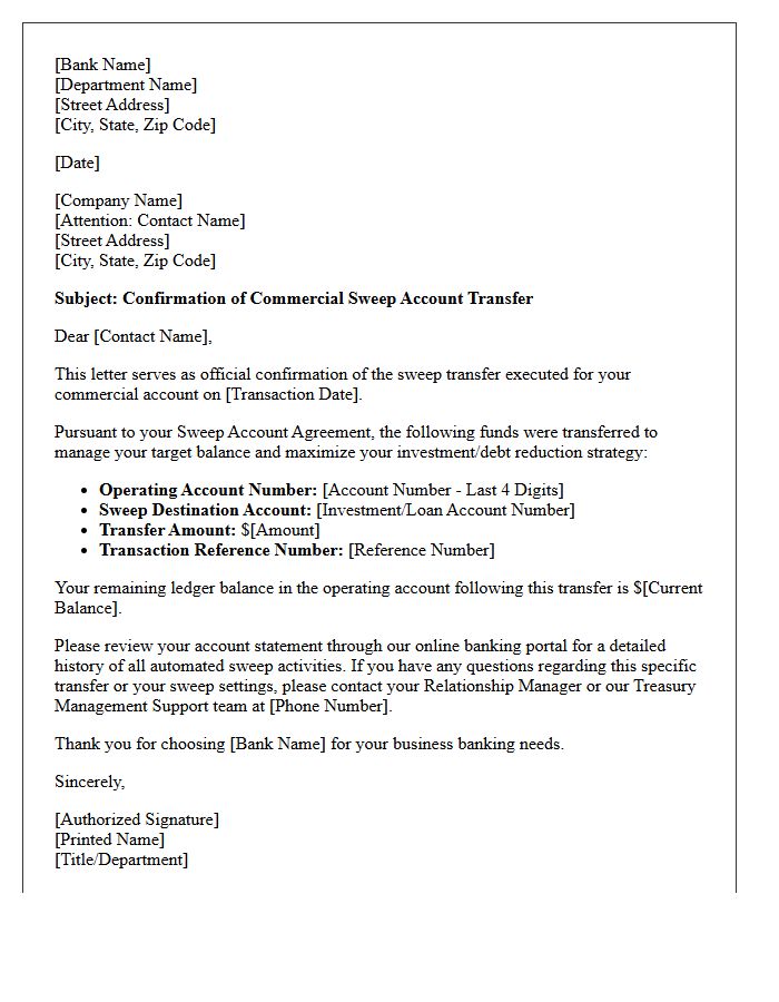 Commercial Sweep Account Transfer Confirmation Letter