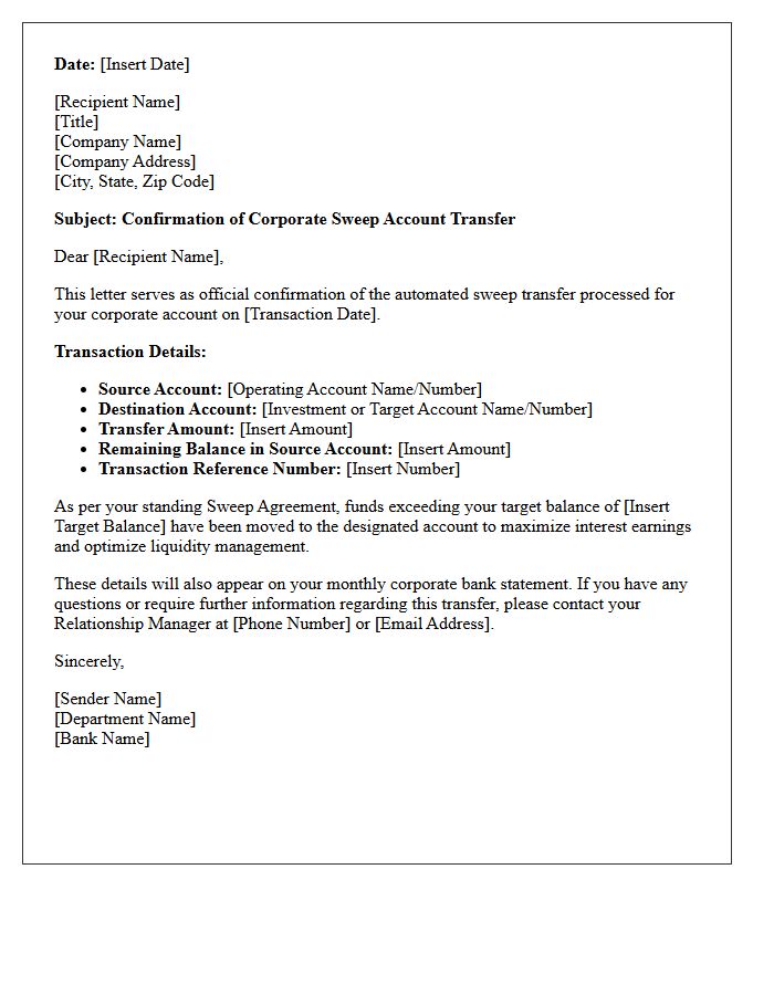 Corporate Sweep Account Transfer Confirmation Letter