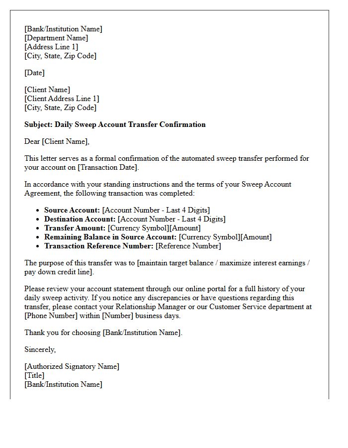 Daily Sweep Account Transfer Confirmation Letter