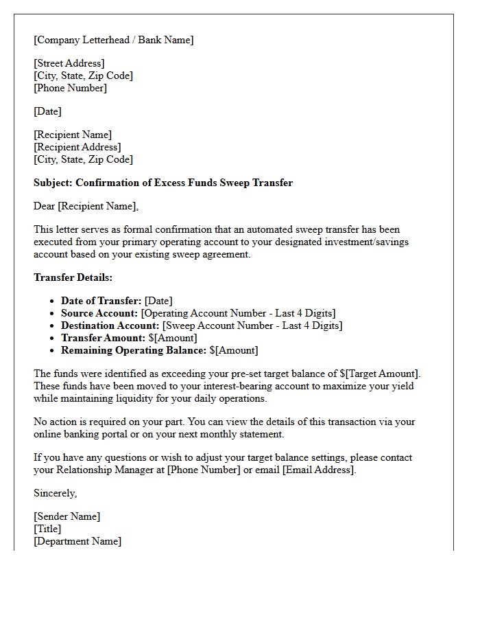 Excess Funds Sweep Account Transfer Confirmation Letter