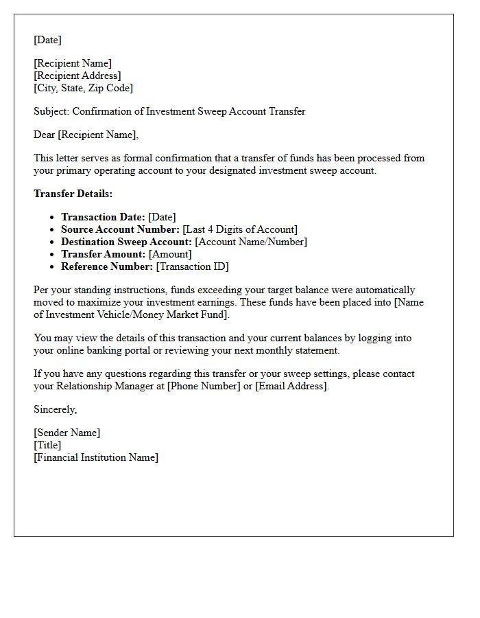 Investment Sweep Account Transfer Confirmation Letter