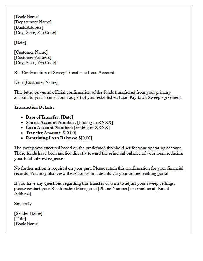 Loan Paydown Sweep Account Transfer Confirmation Letter