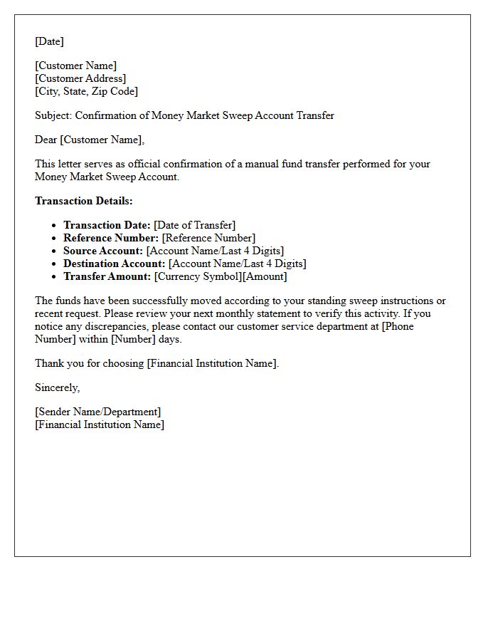 Money Market Sweep Account Transfer Confirmation Letter
