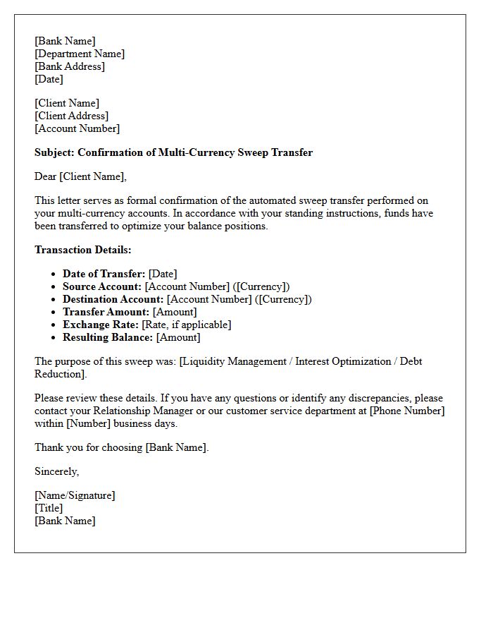 Multi-Currency Sweep Account Transfer Confirmation Letter