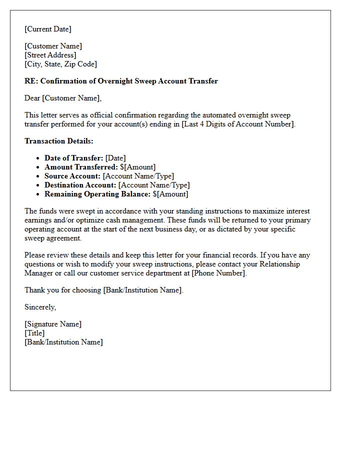 Overnight Sweep Account Transfer Confirmation Letter