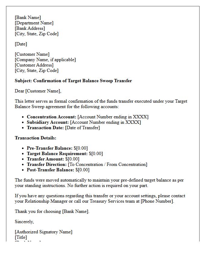 Target Balance Sweep Account Transfer Confirmation Letter