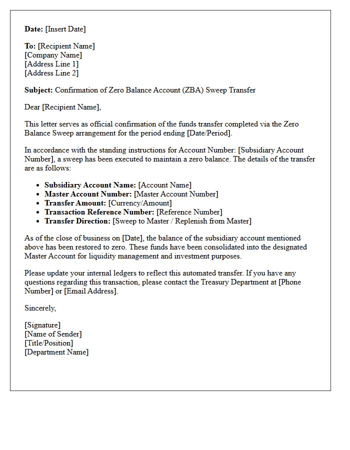 Zero Balance Sweep Account Transfer Confirmation Letter