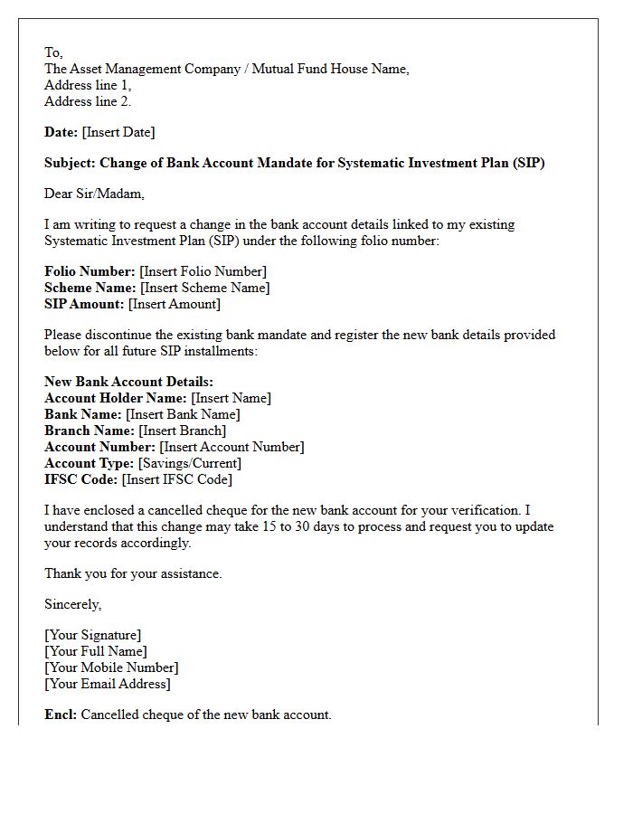 Change Of Bank Account For Systematic Investment Plan Mandate Letter