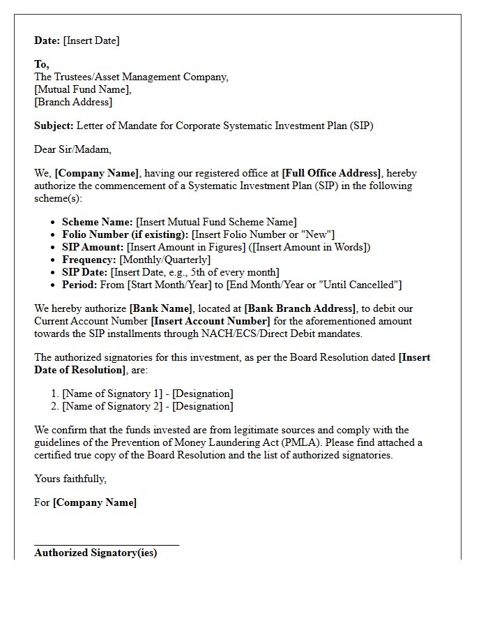 Corporate Mutual Fund Systematic Investment Plan Mandate Letter