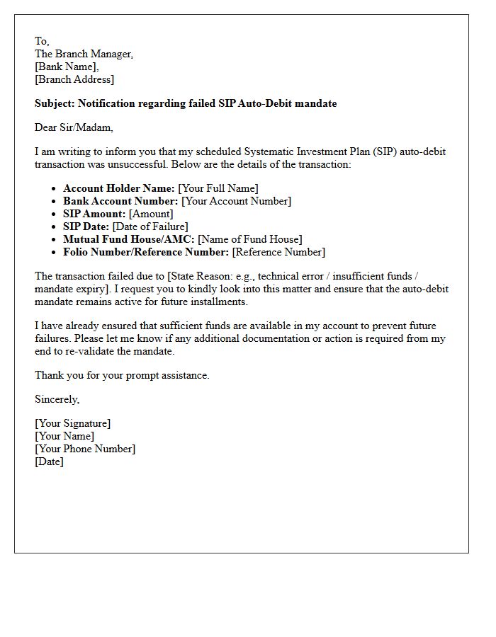 Failed Systematic Investment Plan Auto Debit Mandate Letter