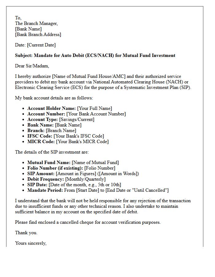 Mutual Fund Systematic Investment Plan Auto Debit Mandate Letter