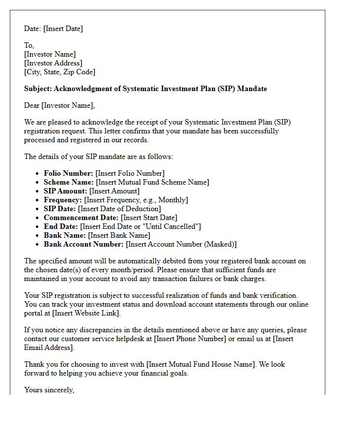 Mutual Fund Systematic Investment Plan Mandate Acknowledgment Letter