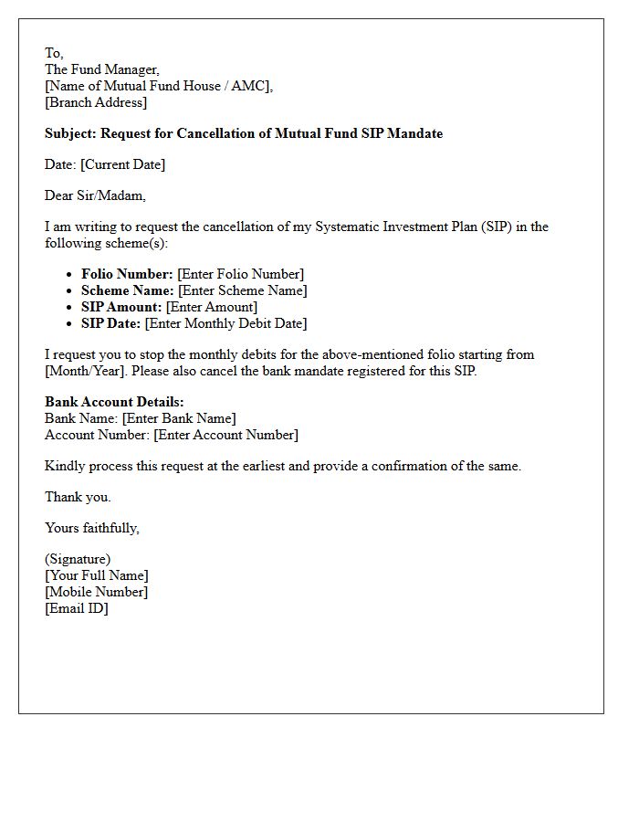 Mutual Fund Systematic Investment Plan Mandate Cancellation Letter