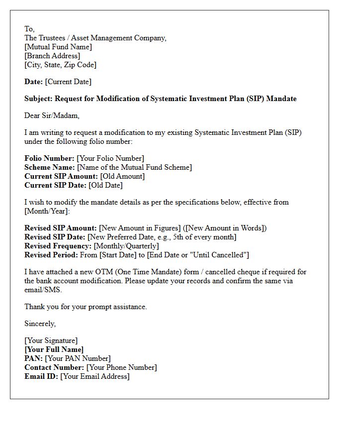 Mutual Fund Systematic Investment Plan Mandate Modification Letter