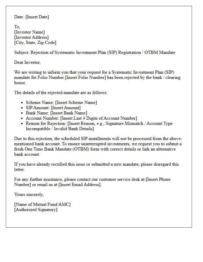 Mutual Fund Systematic Investment Plan Mandate Rejection Letter