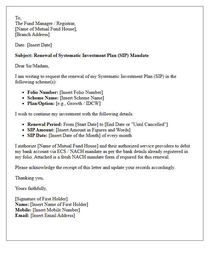 Mutual Fund Systematic Investment Plan Mandate Renewal Letter