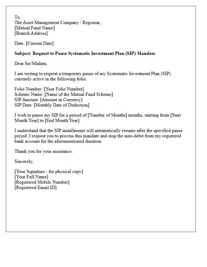 Mutual Fund Systematic Investment Plan Pause Mandate Request Letter