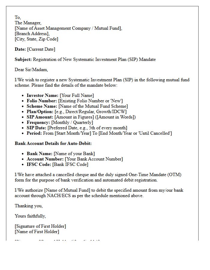 New Mutual Fund Systematic Investment Plan Mandate Registration Letter