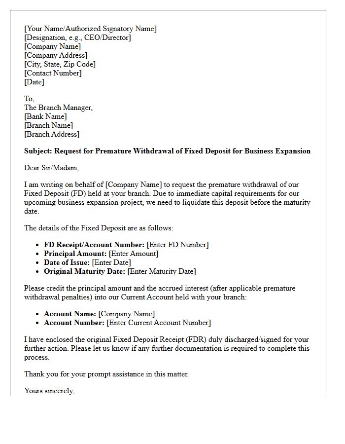 Business Expansion Fixed Deposit Premature Withdrawal Request Letter