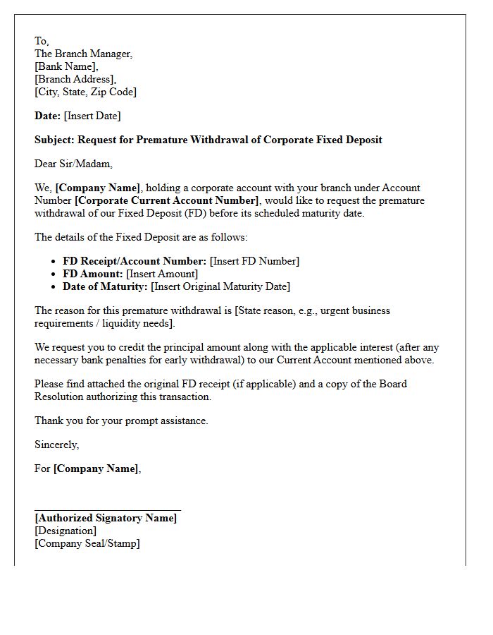 Corporate Account Fixed Deposit Premature Withdrawal Request Letter
