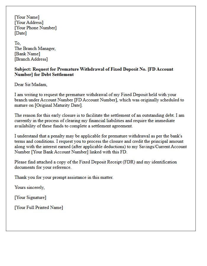 Debt Settlement Fixed Deposit Premature Withdrawal Request Letter
